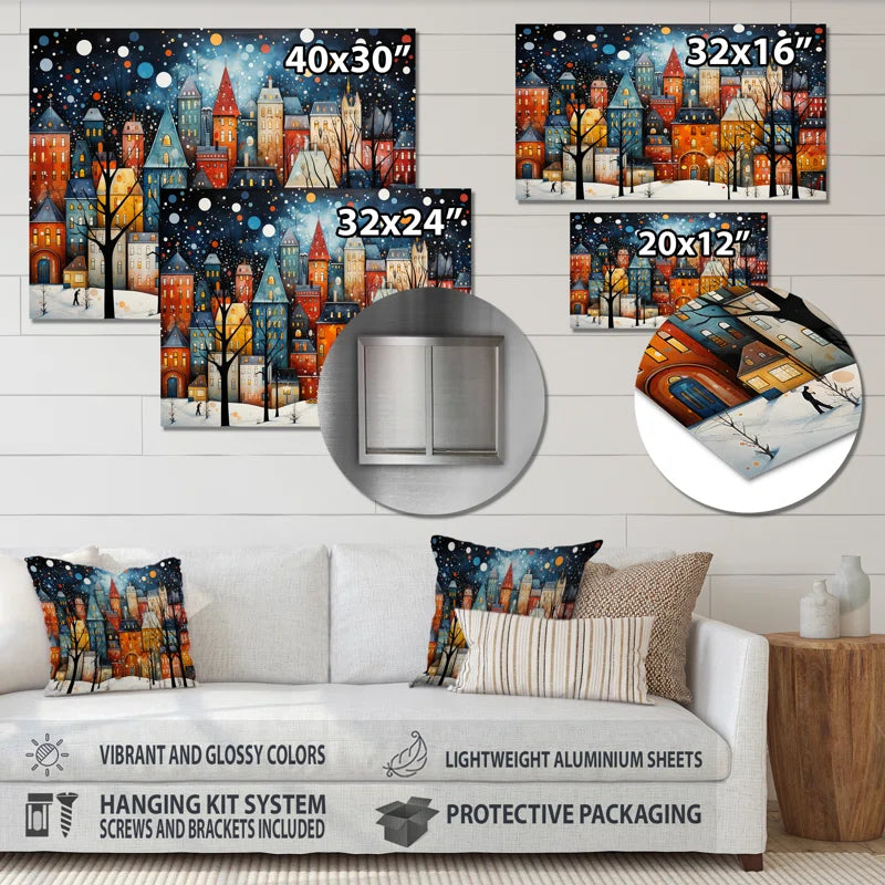 Art Deco Winter Village Painting II - City Art Deco Metal Wall Art