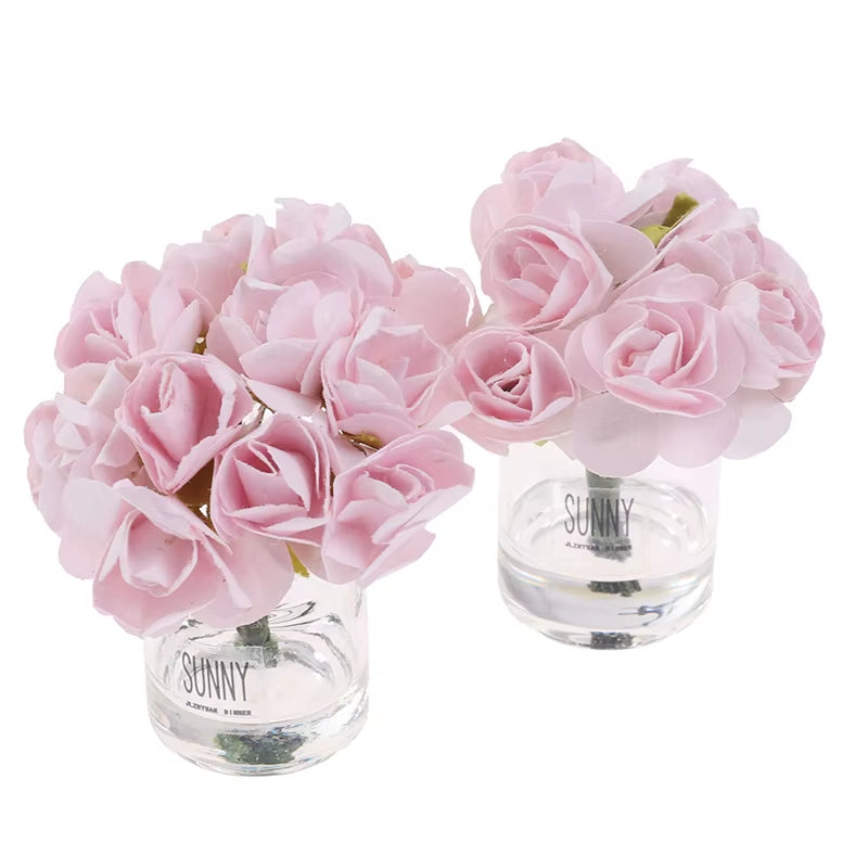 1/12 Dollhouse Miniature Pink Rose Glass Bottle Flower Arrangement Home Decor