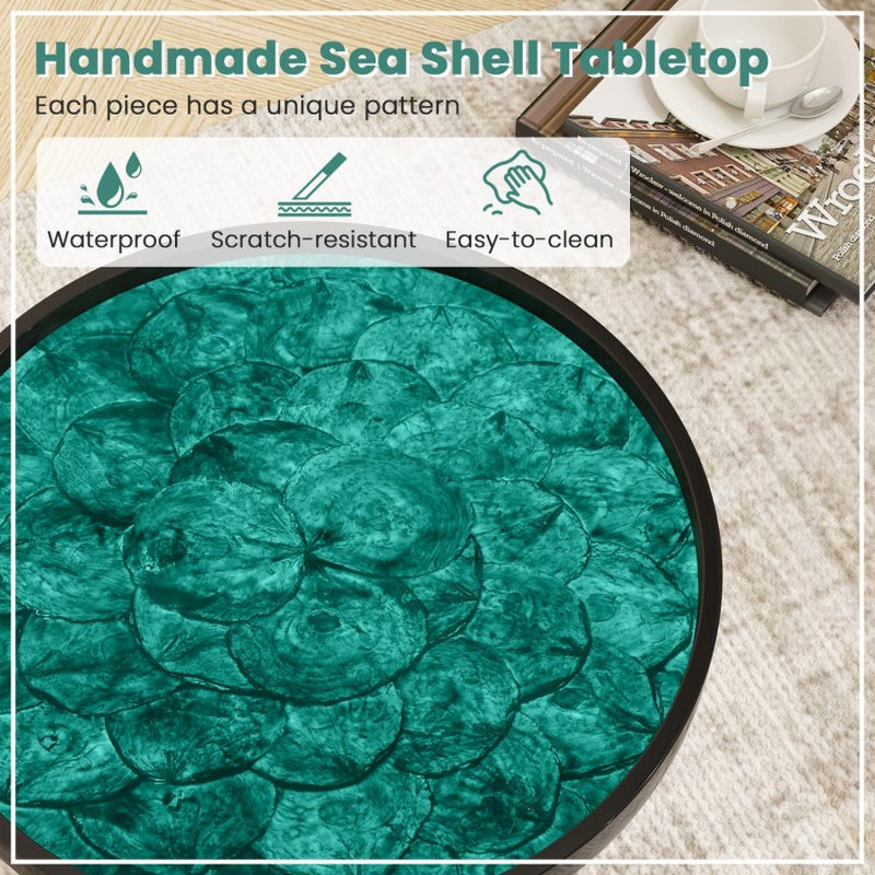 16/20 Inch Mid-Century Modern Coffee End Table with Sea Shell Decoration-Green