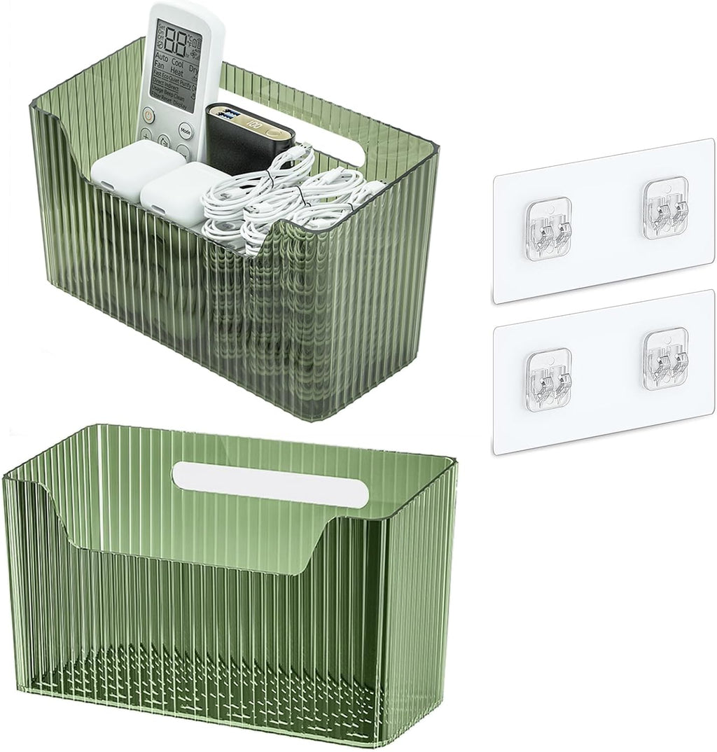 Set of 2 Storage Organizer Bins Wall Mounted Shower Basket, Shower Caddy Stackable Clear Plastic Makeup Organizer Adhesive Hanging Bin for Bathroom, Kitchen, Cabinet, Pantry, BPA Free, Green