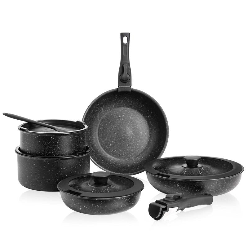 【Deal】12 Pcs Pots and Pans Set with Detachable Handle, Induction Cookware, Dishwasher Oven Safe, 13X13X10 Inch Granite Non-Stick Kitchen Appliances