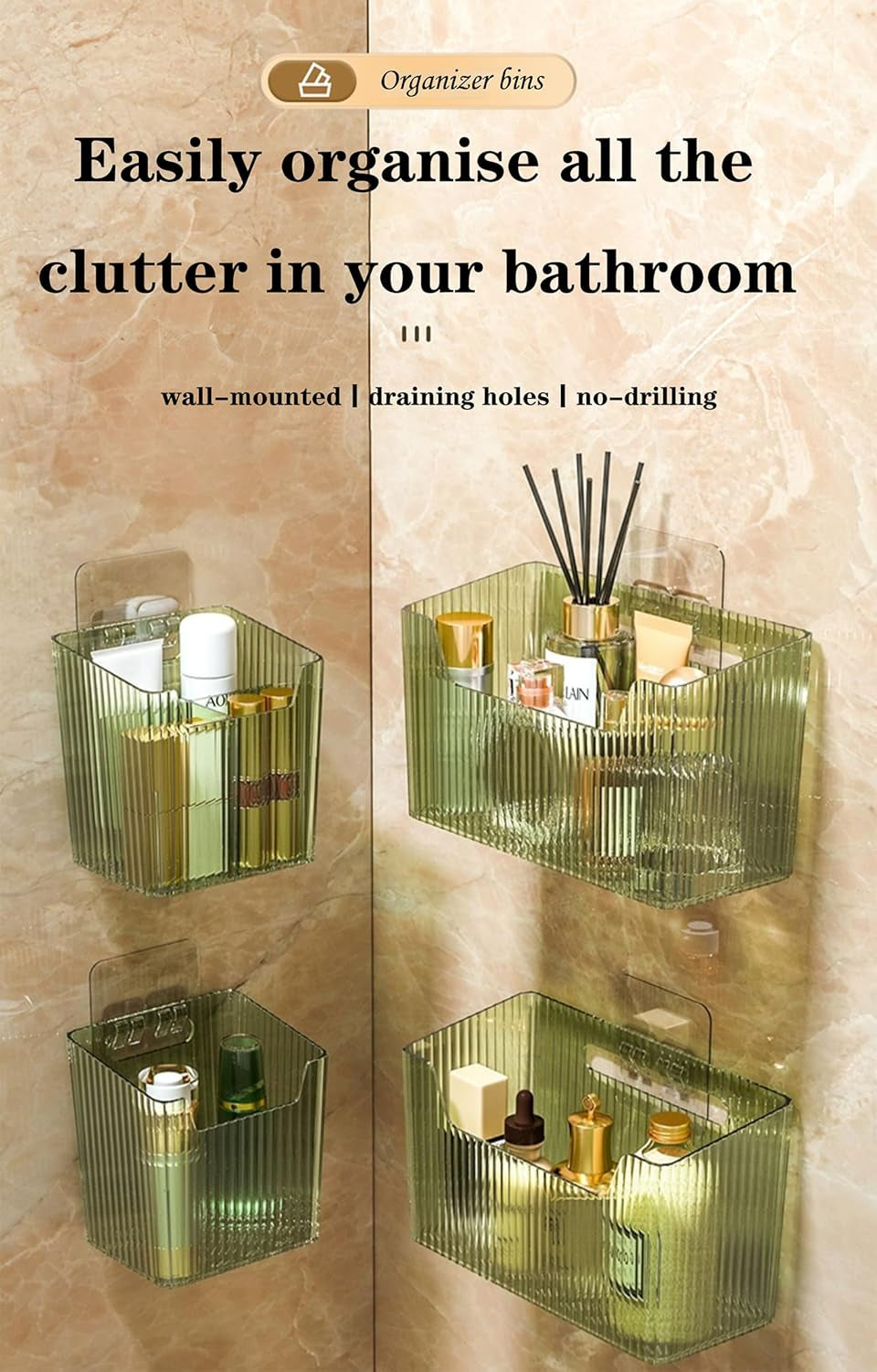 Set of 2 Storage Organizer Bins Wall Mounted Shower Basket, Shower Caddy Stackable Clear Plastic Makeup Organizer Adhesive Hanging Bin for Bathroom, Kitchen, Cabinet, Pantry, BPA Free, Green
