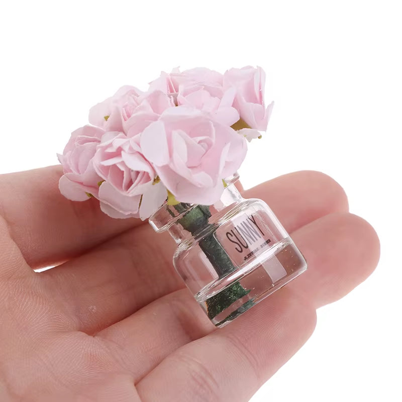 1/12 Dollhouse Miniature Pink Rose Glass Bottle Flower Arrangement Home Decor