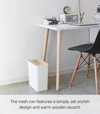 Rin  Slim Rectangular Trash Can for Kitchen Bathroom Bedroom, Steel + Wood, 2.5 Gallons
