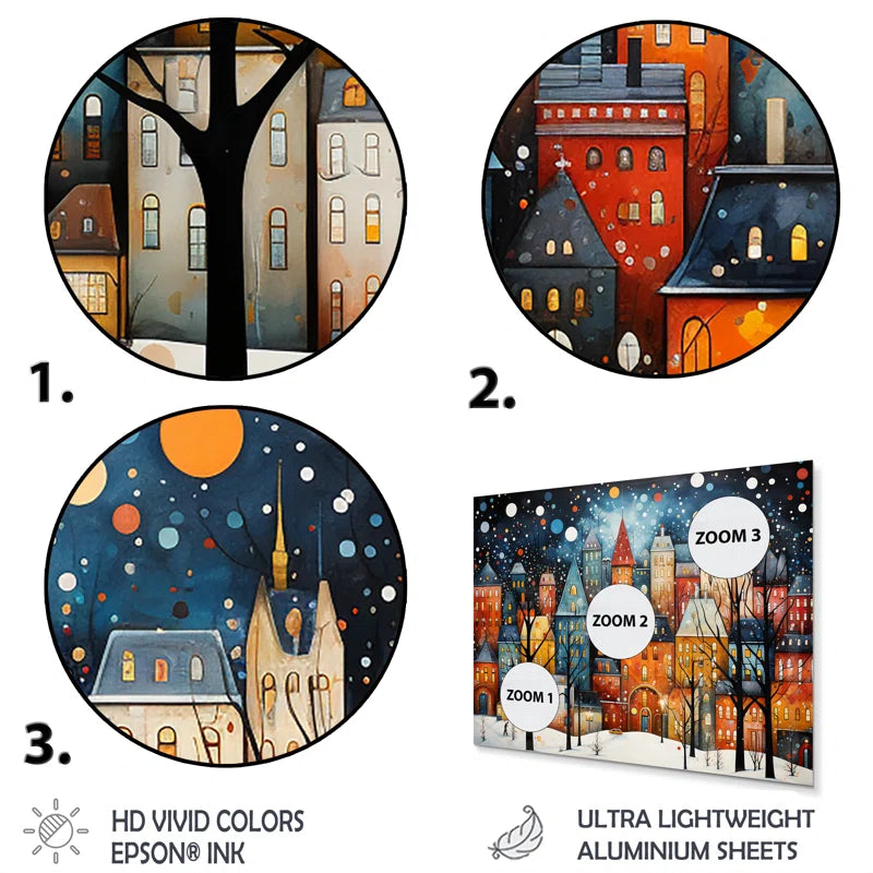 Art Deco Winter Village Painting II - City Art Deco Metal Wall Art
