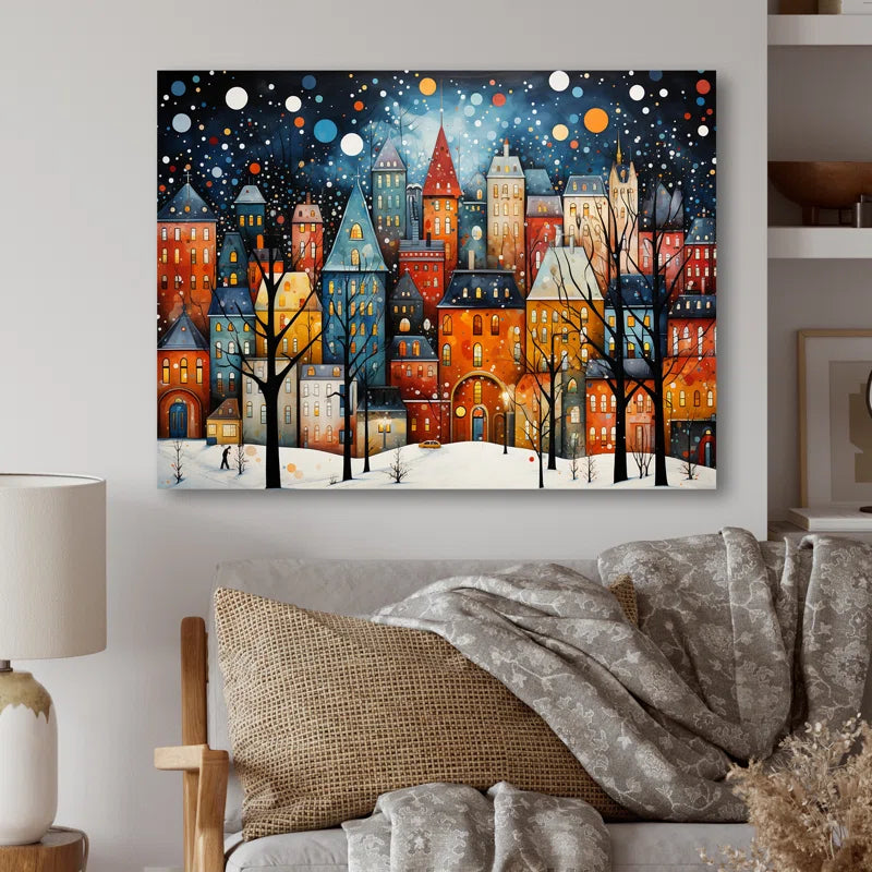 Art Deco Winter Village Painting II - City Art Deco Metal Wall Art