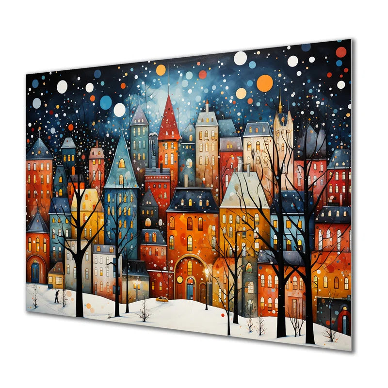 Art Deco Winter Village Painting II - City Art Deco Metal Wall Art