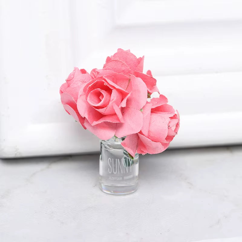1/12 Dollhouse Miniature Pink Rose Glass Bottle Flower Arrangement Home Decor