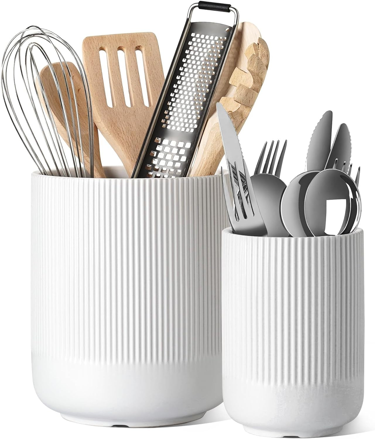 Utensil Holder, Set of 2, 7.3"+5.4" Ceramic Kitchen Utensil Holder for Counter, Large Cooking Utensil Crocks for Kitchen Decor, Morden Utensil Organizer for Spatula, White