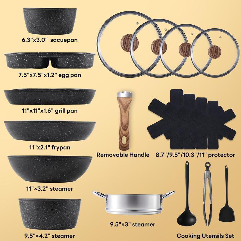 【Deal】12 Pcs Pots and Pans Set with Detachable Handle, Induction Cookware, Dishwasher Oven Safe, 13X13X10 Inch Granite Non-Stick Kitchen Appliances