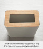 Rin  Slim Rectangular Trash Can for Kitchen Bathroom Bedroom, Steel + Wood, 2.5 Gallons