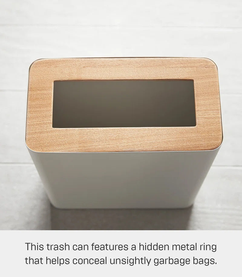 Rin  Slim Rectangular Trash Can for Kitchen Bathroom Bedroom, Steel + Wood, 2.5 Gallons