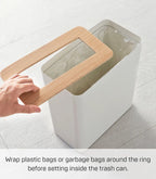 Rin  Slim Rectangular Trash Can for Kitchen Bathroom Bedroom, Steel + Wood, 2.5 Gallons